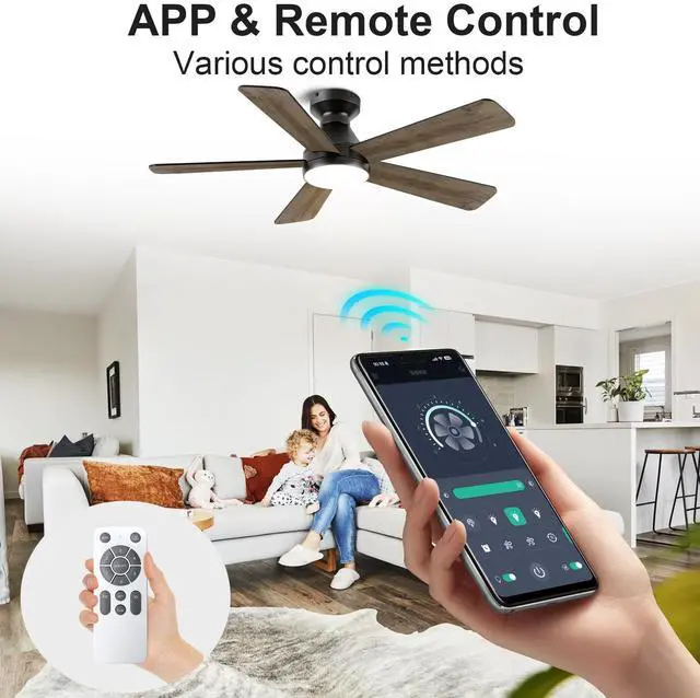 Alt view image 2 of 7 - Ceiling Fans with Lights, 52 inch Low Profile Ceiling Fan with Light and Remote Control, Flush Mount, Reversible, 3Cct, Dimmable, Noiseless, Black Ceiling Fan for Bedroom, indoor/Outdoor Use