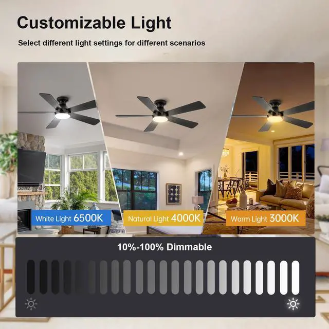 Alt view image 3 of 7 - Ceiling Fans with Lights, 52 inch Low Profile Ceiling Fan with Light and Remote Control, Flush Mount, Reversible, 3Cct, Dimmable, Noiseless, Black Ceiling Fan for Bedroom, indoor/Outdoor Use