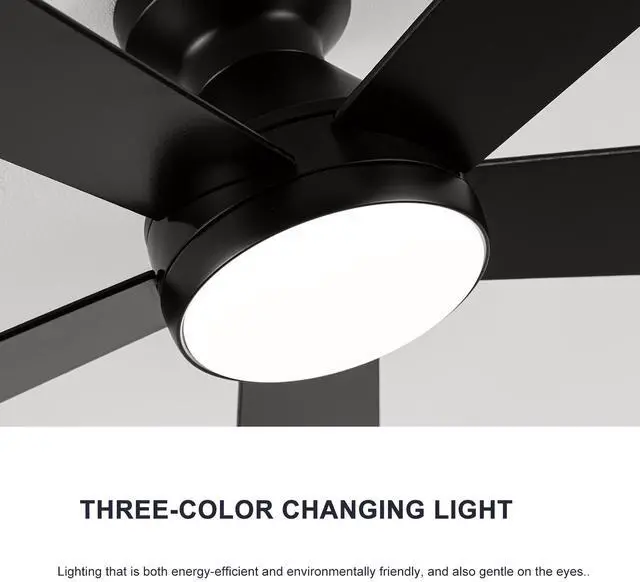 Alt view image 7 of 7 - Ceiling Fans with Lights, 52 inch Low Profile Ceiling Fan with Light and Remote Control, Flush Mount, Reversible, 3Cct, Dimmable, Noiseless, Black Ceiling Fan for Bedroom, indoor/Outdoor Use