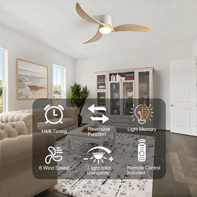 Alt view image 7 of 7 - 52-inch Ceiling Fan with Light, 3 Natural Wood Blades, Remote Control, Reversible Dc Motor for Living Room
