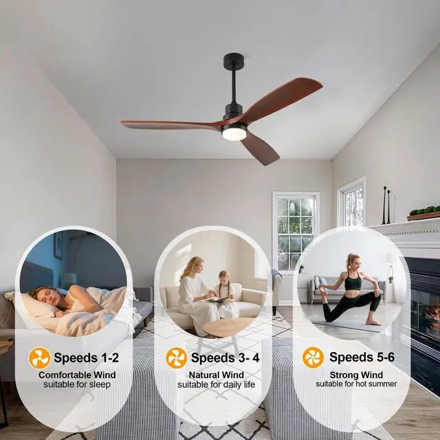 Alt view image 6 of 7 - 59 inch Ceiling Fan with Light, 3 Solid Wood Blades,Remote Control,6-Speed Reversible Dc Motor for Living Room,Bed Room,Dining Room.