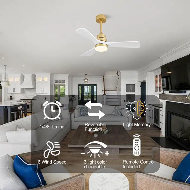 Alt view image 7 of 7 - 41 inch Ceiling Fan with Light, 3 Solid Wood Blades,Remote Control,6-Speed Reversible Dc Motor for Living Room,Bed Room,Dining Room.