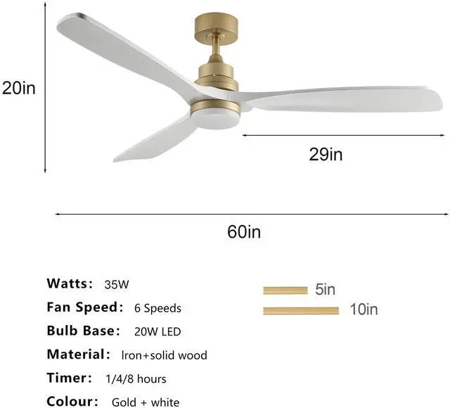 Alt view image 5 of 7 - 59.8 inch Ceiling Fan with Light, 3 Solid Wood Blades,Remote Control,6-Speed Reversible Dc Motor for Living Room,Bed Room,Dining Room.