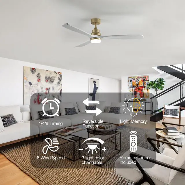 Alt view image 7 of 7 - 59.8 inch Ceiling Fan with Light, 3 Solid Wood Blades,Remote Control,6-Speed Reversible Dc Motor for Living Room,Bed Room,Dining Room.