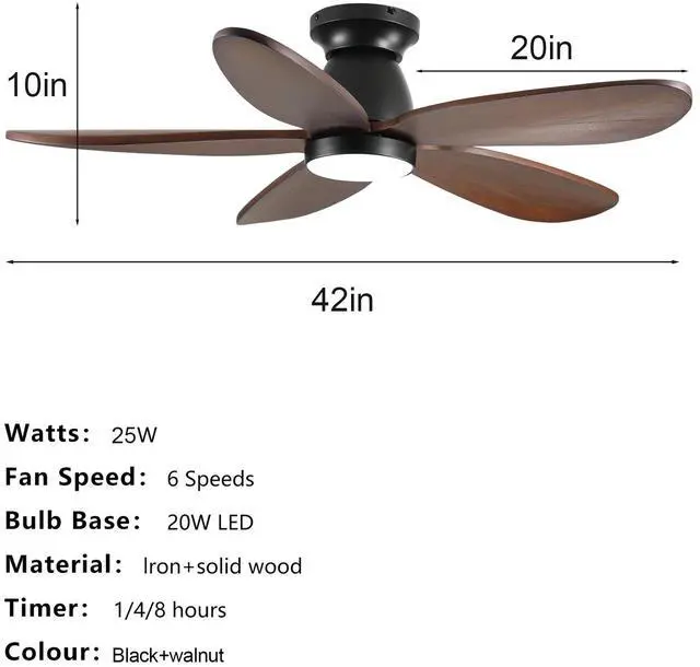 Alt view image 6 of 7 - 41.7" Black Ceiling Fan with Light, 5 Solid Wood Blades, 6-Speed Reversible Dc Motor for Bed Room,Dining Room,Living Room.