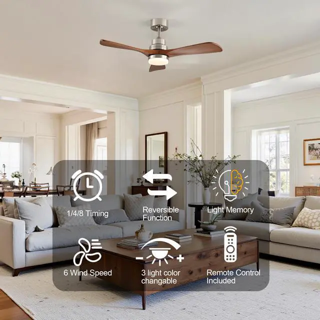 Alt view image 7 of 7 - 41.7 inch Ceiling Fan with Light, 3 Solid Wood Blades,Remote Control,6-Speed Reversible Dc Motor for Living Room,Bed Room,Dining Room.