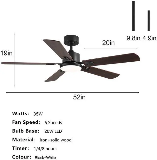 Alt view image 5 of 7 - 52" Black Ceiling Fan with Light, 5 Black Blades, 6-Speed Reversible Dc Motor for Bed Room,Dining Room,Living Room.