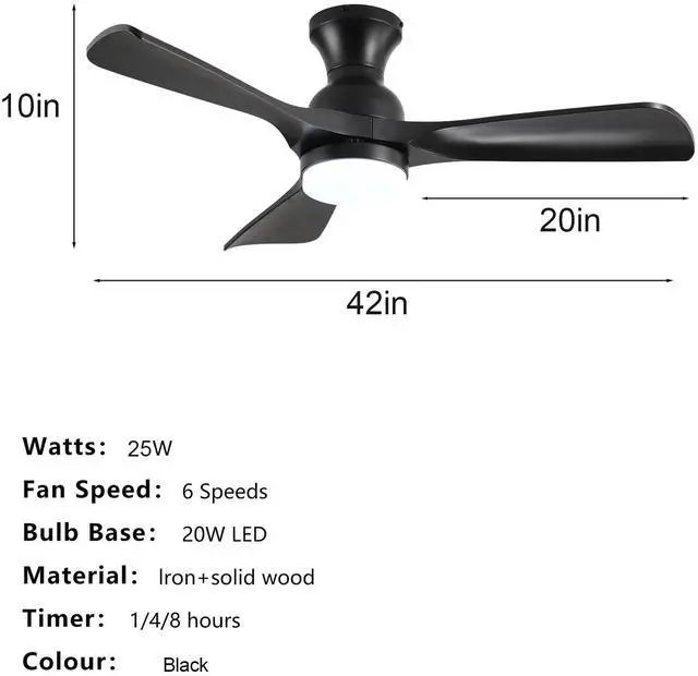Alt view image 4 of 7 - 41.7" Black Ceiling Fan with Light, 3 Black Abs Blades, 6-Speed Reversible Dc Motor for Bed Room,Dining Room,Living Room.