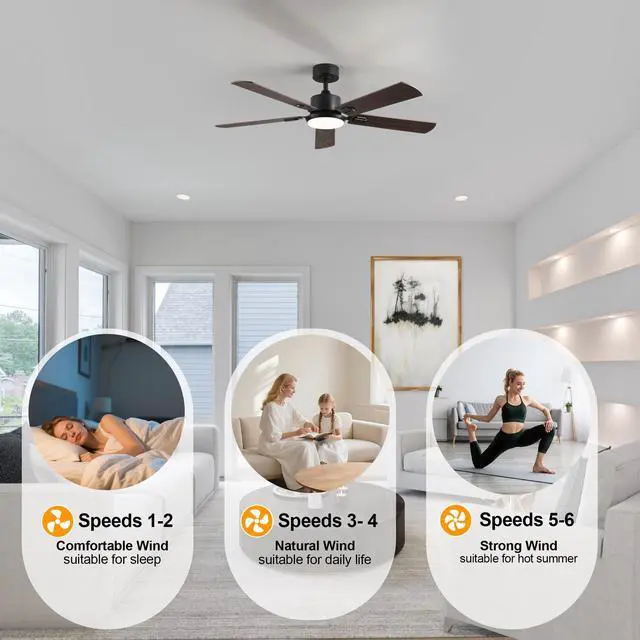 Alt view image 6 of 7 - 52" Black Ceiling Fan with Light, 5 Black Blades, 6-Speed Reversible Dc Motor for Bed Room,Dining Room,Living Room.