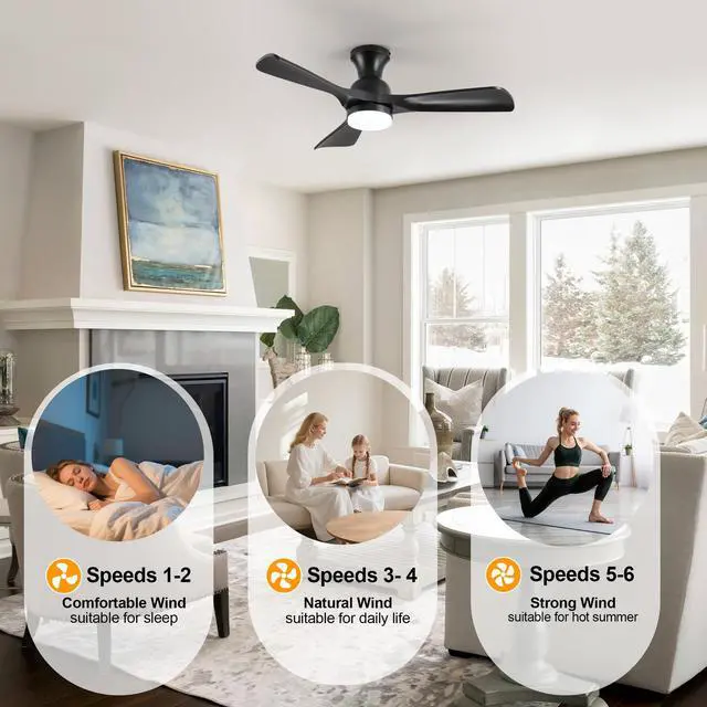 Alt view image 6 of 7 - 41.7" Black Ceiling Fan with Light, 3 Black Abs Blades, 6-Speed Reversible Dc Motor for Bed Room,Dining Room,Living Room.