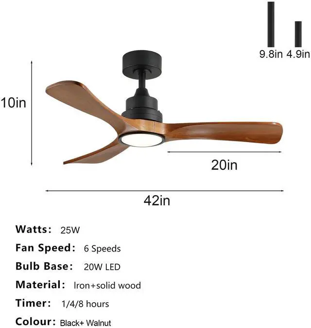 Alt view image 5 of 7 - 41.7" Black Ceiling Fan with Light, 3 Solid Wood Blades, 6-Speed Reversible Dc Motor for Bed Room,Dining Room,Living Room.