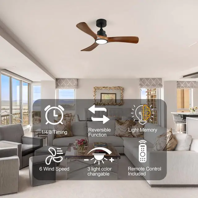 Alt view image 6 of 7 - 41.7" Black Ceiling Fan with Light, 3 Solid Wood Blades, 6-Speed Reversible Dc Motor for Bed Room,Dining Room,Living Room.