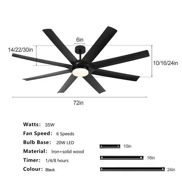 Alt view image 7 of 7 - 72" Black Ceiling Fan with Light, 8 Solid Wood Blades, 6-Speed Reversible Dc Motor for Bed Room,Dining Room,Living Room.