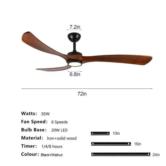 Alt view image 6 of 7 - 72" Black Ceiling Fan with Light, 3 Solid Wood Blades, 6-Speed Reversible Dc Motor for Bed Room,Dining Room,Living Room.