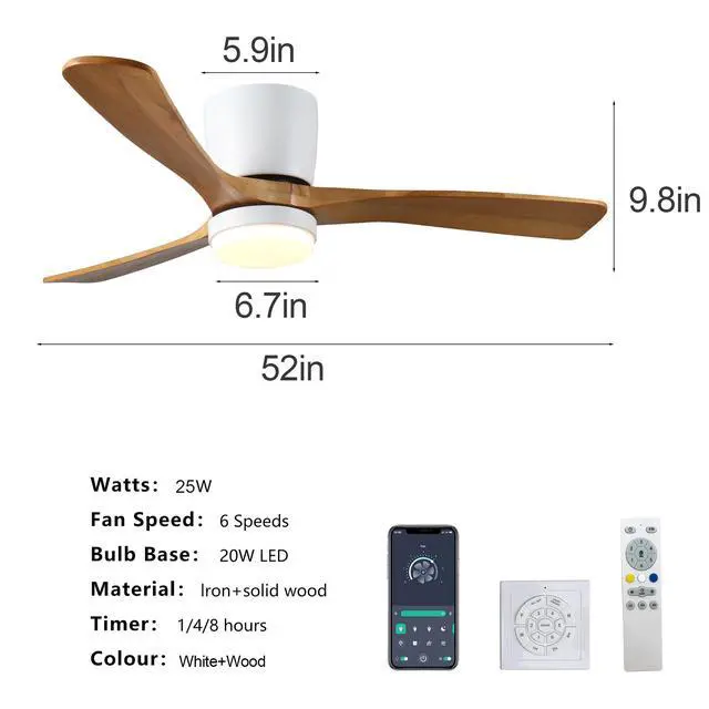 Alt view image 6 of 7 - 52" White Ceiling Fan with Light, 3 Solid Wood Blades, 6-Speed Reversible Dc Motor for Bed Room,Dining Room,Living Room.