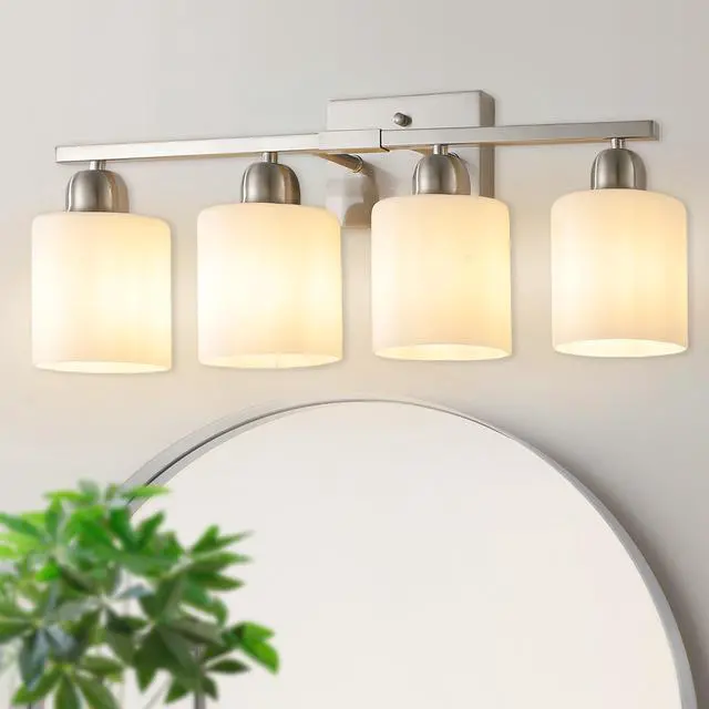Alt view image 2 of 7 - Modern 4-Light Bathroom Fixture with Nickel Finish and Milky White Glass Shade, Wall Sconces Lighting for Bathrooms, Bedrooms and Hallways (No Bulbs)