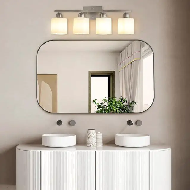 Main image of Modern 4-Light Bathroom Fixture with Nickel Finish and Milky White Glass Shade, Wall Sconces Lighting for Bathrooms, Bedrooms and Hallways (No Bulbs)