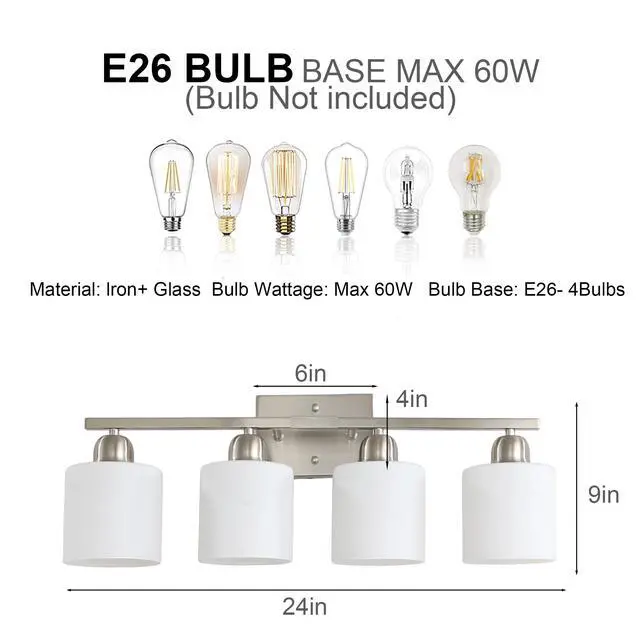 Alt view image 5 of 7 - Modern 4-Light Bathroom Fixture with Nickel Finish and Milky White Glass Shade, Wall Sconces Lighting for Bathrooms, Bedrooms and Hallways (No Bulbs)