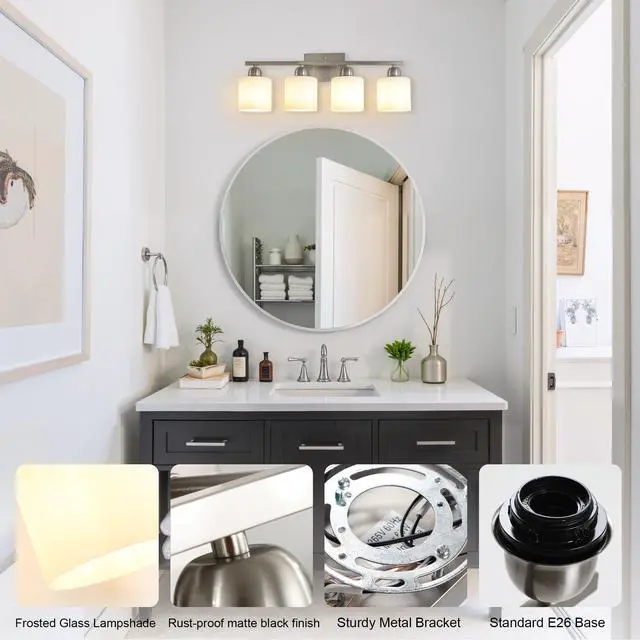 Alt view image 6 of 7 - Modern 4-Light Bathroom Fixture with Nickel Finish and Milky White Glass Shade, Wall Sconces Lighting for Bathrooms, Bedrooms and Hallways (No Bulbs)