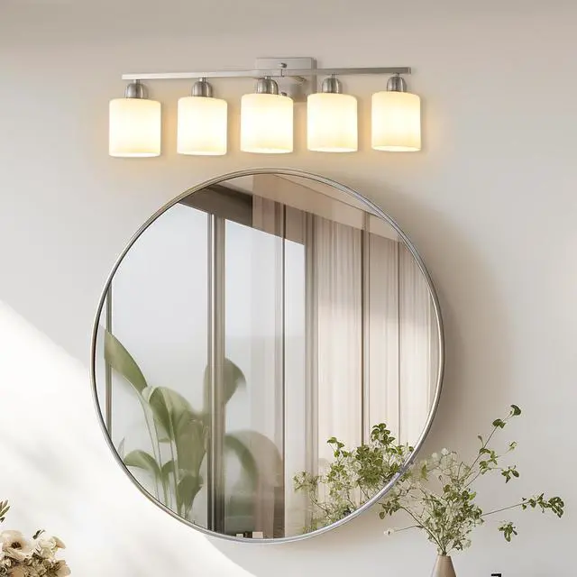 Alt view image 3 of 7 - Modern 5-Light Bathroom Fixture with Nickel Finish and Milky White Glass Shade, Wall Sconces Lighting for Bathrooms, Bedrooms and Hallways (No Bulbs)