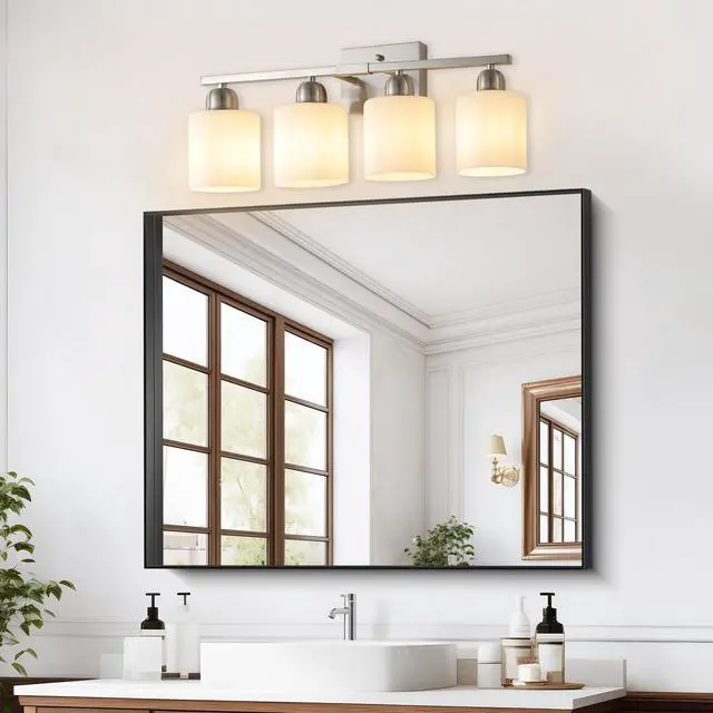 Alt view image 3 of 7 - Modern 4-Light Bathroom Fixture with Nickel Finish and Milky White Glass Shade, Wall Sconces Lighting for Bathrooms, Bedrooms and Hallways (No Bulbs)