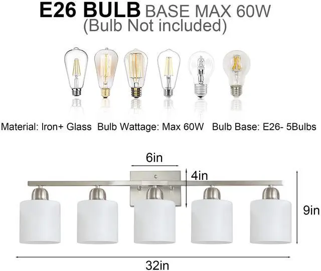 Alt view image 5 of 7 - Modern 5-Light Bathroom Fixture with Nickel Finish and Milky White Glass Shade, Wall Sconces Lighting for Bathrooms, Bedrooms and Hallways (No Bulbs)