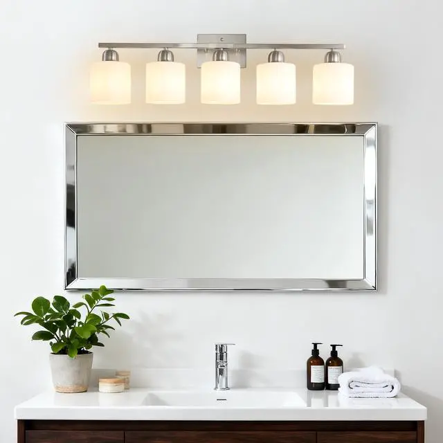 Alt view image 2 of 7 - Modern 5-Light Bathroom Fixture with Nickel Finish and Milky White Glass Shade, Wall Sconces Lighting for Bathrooms, Bedrooms and Hallways (No Bulbs)