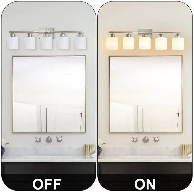 Alt view image 6 of 7 - Modern 5-Light Bathroom Fixture with Nickel Finish and Milky White Glass Shade, Wall Sconces Lighting for Bathrooms, Bedrooms and Hallways (No Bulbs)