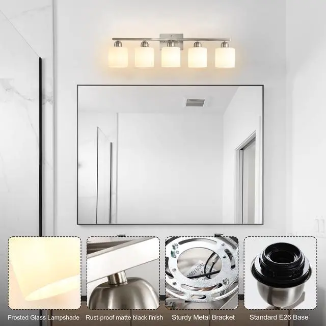 Alt view image 7 of 7 - Modern 5-Light Bathroom Fixture with Nickel Finish and Milky White Glass Shade, Wall Sconces Lighting for Bathrooms, Bedrooms and Hallways (No Bulbs)