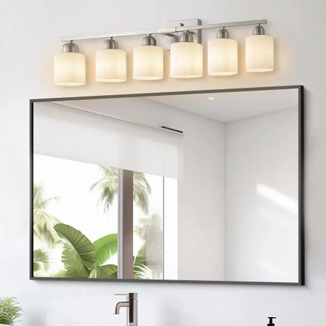 Main image of Modern 6-Light Bathroom Fixture with Nickel Finish and Milky White Glass Shade, Wall Sconces Lighting for Bathrooms, Bedrooms and Hallways (No Bulbs)