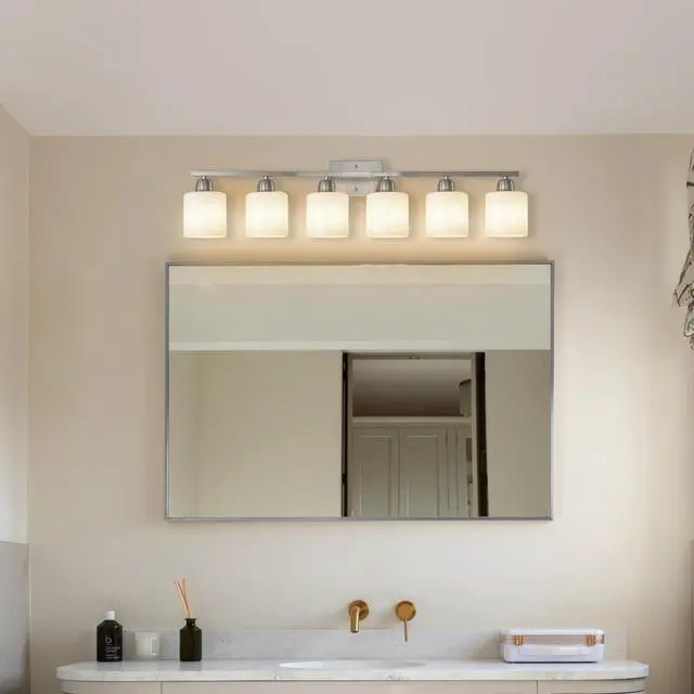 Alt view image 5 of 7 - Modern 6-Light Bathroom Fixture with Nickel Finish and Milky White Glass Shade, Wall Sconces Lighting for Bathrooms, Bedrooms and Hallways (No Bulbs)