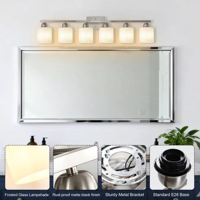Alt view image 4 of 7 - Modern 6-Light Bathroom Fixture with Nickel Finish and Milky White Glass Shade, Wall Sconces Lighting for Bathrooms, Bedrooms and Hallways (No Bulbs)