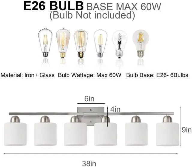 Alt view image 7 of 7 - Modern 6-Light Bathroom Fixture with Nickel Finish and Milky White Glass Shade, Wall Sconces Lighting for Bathrooms, Bedrooms and Hallways (No Bulbs)