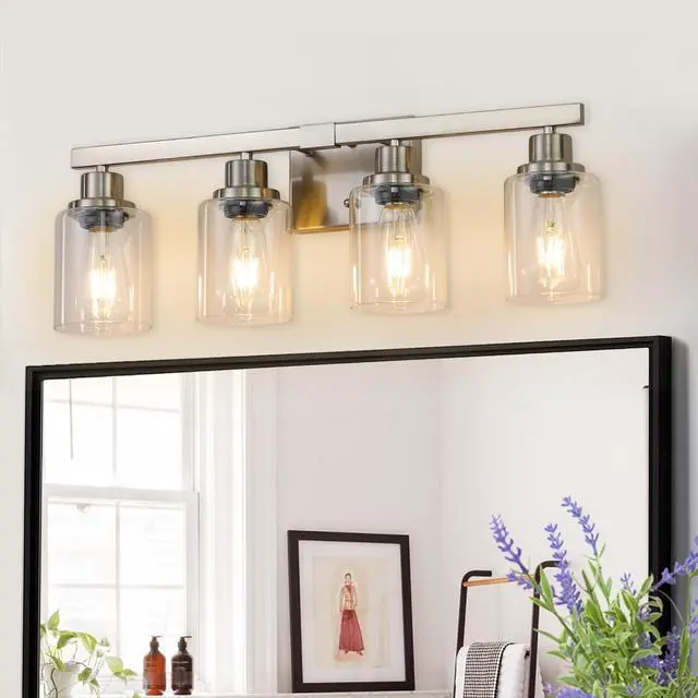 Main image of Modern 4-Light Bathroom Vanity Light Fixture - Brushed Nickel Finish with Clear Glass Shades, Light Fixture Bathroom Over Mirror Wall Lights for Kitchen Dinning Room Bedroom Hallway (No Bulbs)