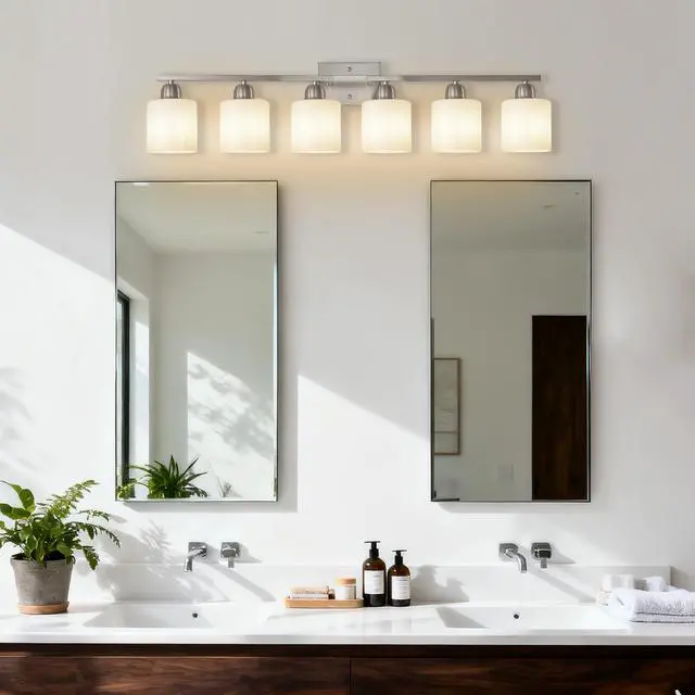 Alt view image 3 of 7 - Modern 6-Light Bathroom Fixture with Nickel Finish and Milky White Glass Shade, Wall Sconces Lighting for Bathrooms, Bedrooms and Hallways (No Bulbs)