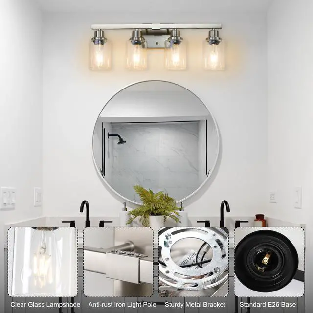 Alt view image 2 of 7 - Modern 4-Light Bathroom Vanity Light Fixture - Brushed Nickel Finish with Clear Glass Shades, Light Fixture Bathroom Over Mirror Wall Lights for Kitchen Dinning Room Bedroom Hallway (No Bulbs)