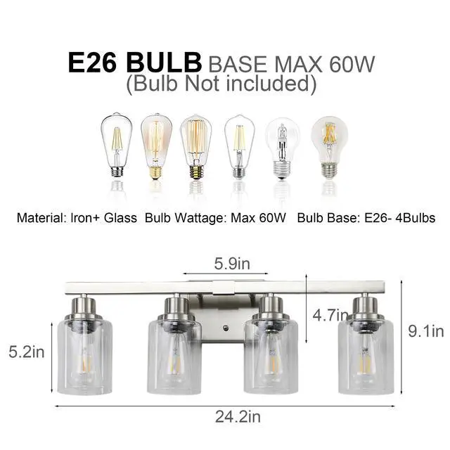 Alt view image 5 of 7 - Modern 4-Light Bathroom Vanity Light Fixture - Brushed Nickel Finish with Clear Glass Shades, Light Fixture Bathroom Over Mirror Wall Lights for Kitchen Dinning Room Bedroom Hallway (No Bulbs)