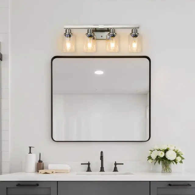 Alt view image 4 of 7 - Modern 4-Light Bathroom Vanity Light Fixture - Brushed Nickel Finish with Clear Glass Shades, Light Fixture Bathroom Over Mirror Wall Lights for Kitchen Dinning Room Bedroom Hallway (No Bulbs)