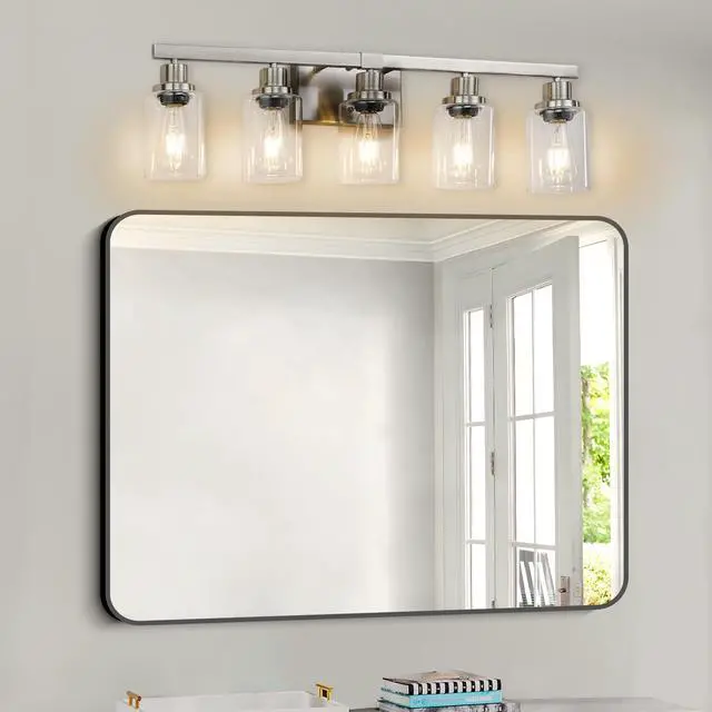 Main image of Modern 5-Light Bathroom Vanity Light Fixture - Brushed Nickel Finish with Clear Glass Shades, Light Fixture Bathroom Over Mirror Wall Lights for Kitchen Dinning Room Bedroom Hallway (No Bulbs)