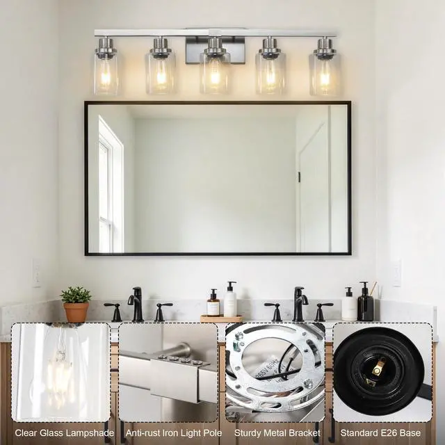 Alt view image 3 of 7 - Modern 5-Light Bathroom Vanity Light Fixture - Brushed Nickel Finish with Clear Glass Shades, Light Fixture Bathroom Over Mirror Wall Lights for Kitchen Dinning Room Bedroom Hallway (No Bulbs)