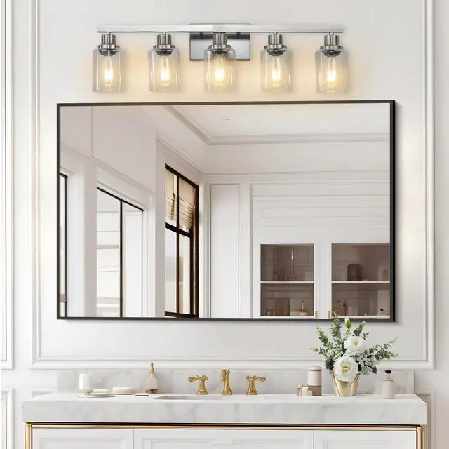 Alt view image 4 of 7 - Modern 5-Light Bathroom Vanity Light Fixture - Brushed Nickel Finish with Clear Glass Shades, Light Fixture Bathroom Over Mirror Wall Lights for Kitchen Dinning Room Bedroom Hallway (No Bulbs)