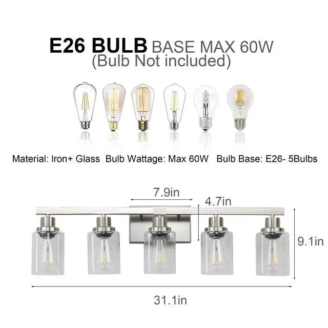 Alt view image 5 of 7 - Modern 5-Light Bathroom Vanity Light Fixture - Brushed Nickel Finish with Clear Glass Shades, Light Fixture Bathroom Over Mirror Wall Lights for Kitchen Dinning Room Bedroom Hallway (No Bulbs)