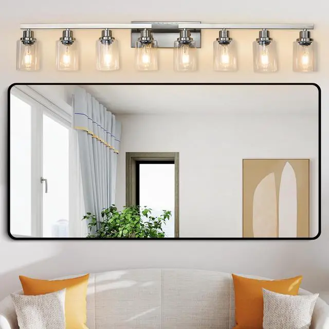 Alt view image 4 of 7 - Modern 8-Light Bathroom Vanity Light Fixture - Brushed Nickel Finish with Clear Glass Shades, Light Fixture Bathroom Over Mirror Wall Lights for Kitchen Dinning Room Bedroom Hallway (No Bulbs)