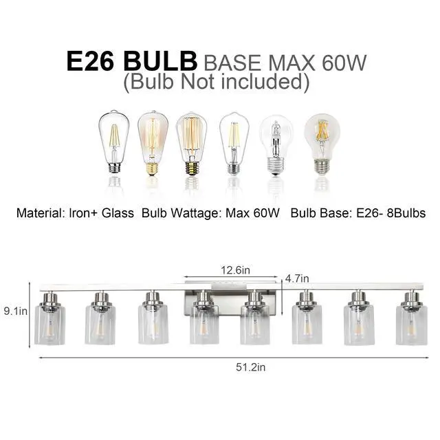 Alt view image 7 of 7 - Modern 8-Light Bathroom Vanity Light Fixture - Brushed Nickel Finish with Clear Glass Shades, Light Fixture Bathroom Over Mirror Wall Lights for Kitchen Dinning Room Bedroom Hallway (No Bulbs)