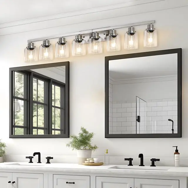 Alt view image 5 of 7 - Modern 8-Light Bathroom Vanity Light Fixture - Brushed Nickel Finish with Clear Glass Shades, Light Fixture Bathroom Over Mirror Wall Lights for Kitchen Dinning Room Bedroom Hallway (No Bulbs)