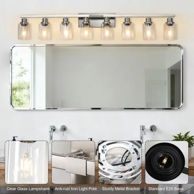 Alt view image 3 of 7 - Modern 8-Light Bathroom Vanity Light Fixture - Brushed Nickel Finish with Clear Glass Shades, Light Fixture Bathroom Over Mirror Wall Lights for Kitchen Dinning Room Bedroom Hallway (No Bulbs)