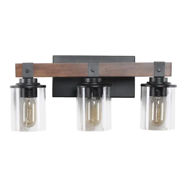 Alt view image 3 of 7 - Farmhouse Vanity Light Fixture, 3-Light Bathroom Wall Sconce with Black Frame and Walnut Accents, Featuring Clear Glass Shades for Bathrooms, Washrooms, Kitchens, and Diningrooms (No Bulbs)