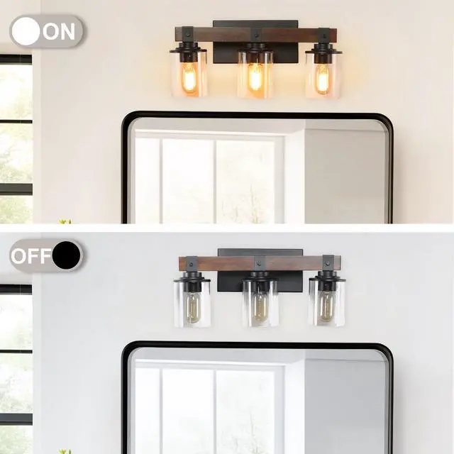 Alt view image 6 of 7 - Farmhouse Vanity Light Fixture, 3-Light Bathroom Wall Sconce with Black Frame and Walnut Accents, Featuring Clear Glass Shades for Bathrooms, Washrooms, Kitchens, and Diningrooms (No Bulbs)
