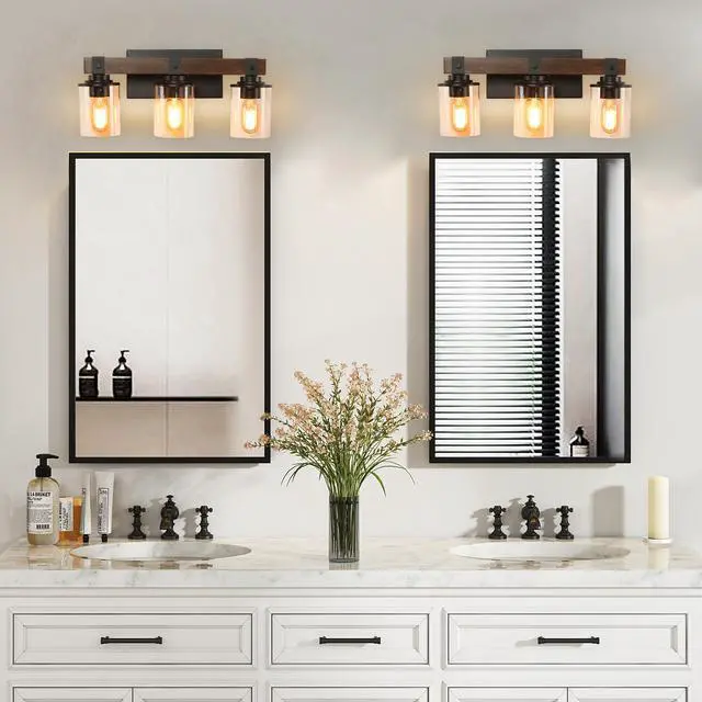 Alt view image 4 of 7 - Farmhouse Vanity Light Fixture, 3-Light Bathroom Wall Sconce with Black Frame and Walnut Accents, Featuring Clear Glass Shades for Bathrooms, Washrooms, Kitchens, and Diningrooms (No Bulbs)