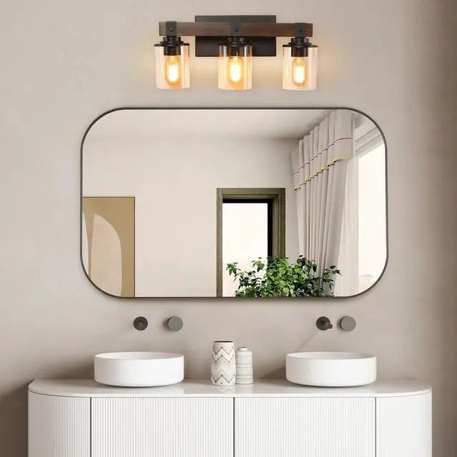 Main image of Farmhouse Vanity Light Fixture, 3-Light Bathroom Wall Sconce with Black Frame and Walnut Accents, Featuring Clear Glass Shades for Bathrooms, Washrooms, Kitchens, and Diningrooms (No Bulbs)